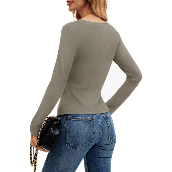 Women's Asymmetrical Neck Long Sleeve Shirt Slim Fit Trendy Going Out Tops - Picture 4 of 6